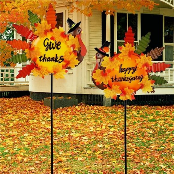 Set of 2 Turkey Garden Stakes Thanksgiving Decor, 36 Inch Metal Fall - Picture 1 of 8